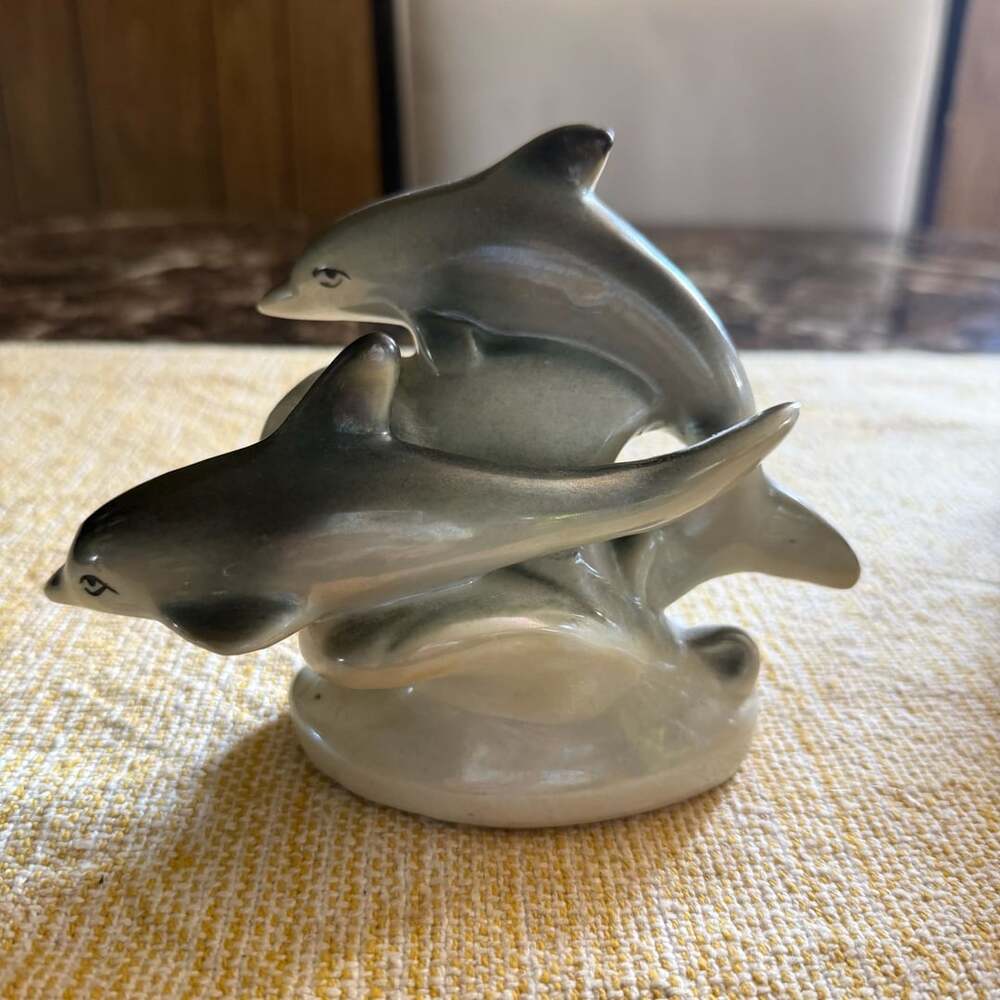 Vintage Lusterware Two Dolphins on a Wave Figurine Grey Ceramic